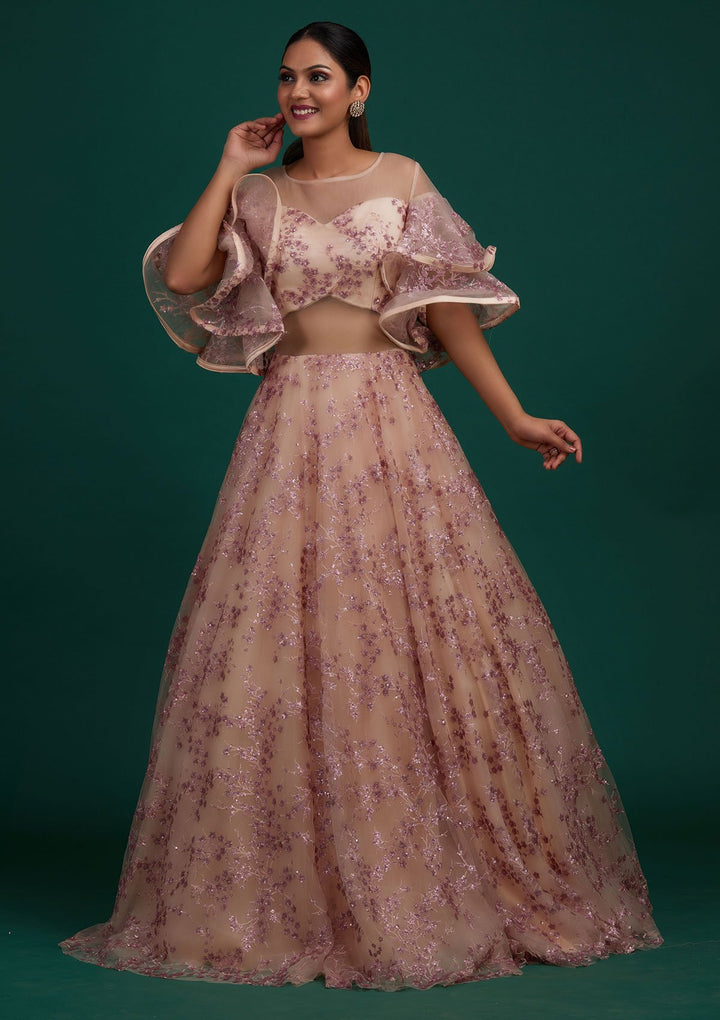 Peach Sequins Net Designer Gown - Koskii