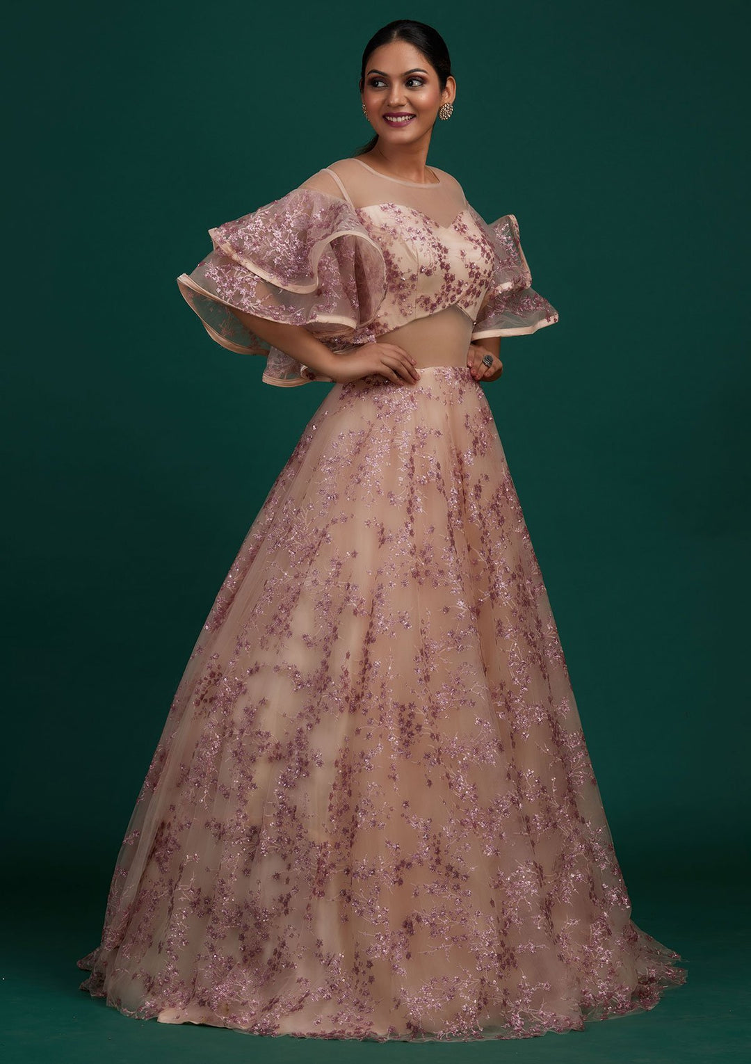 Peach Sequins Net Designer Gown - Koskii