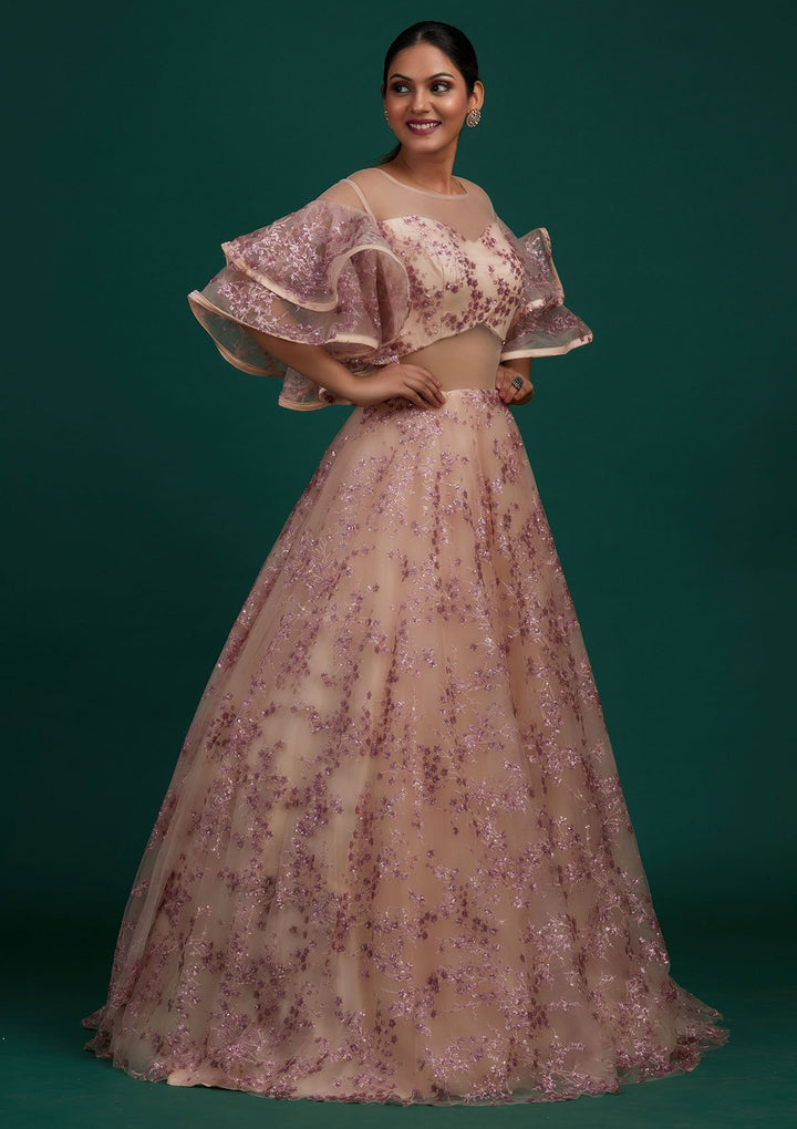 Peach Sequins Net Designer Gown - Koskii