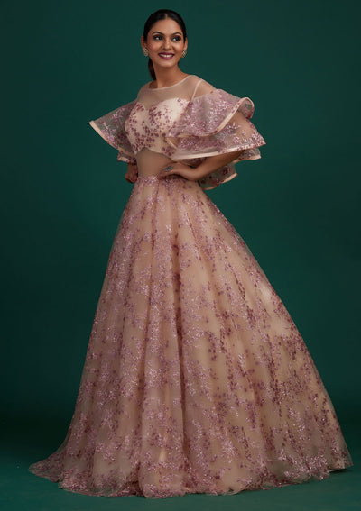 Peach Sequins Net Designer Gown - Koskii