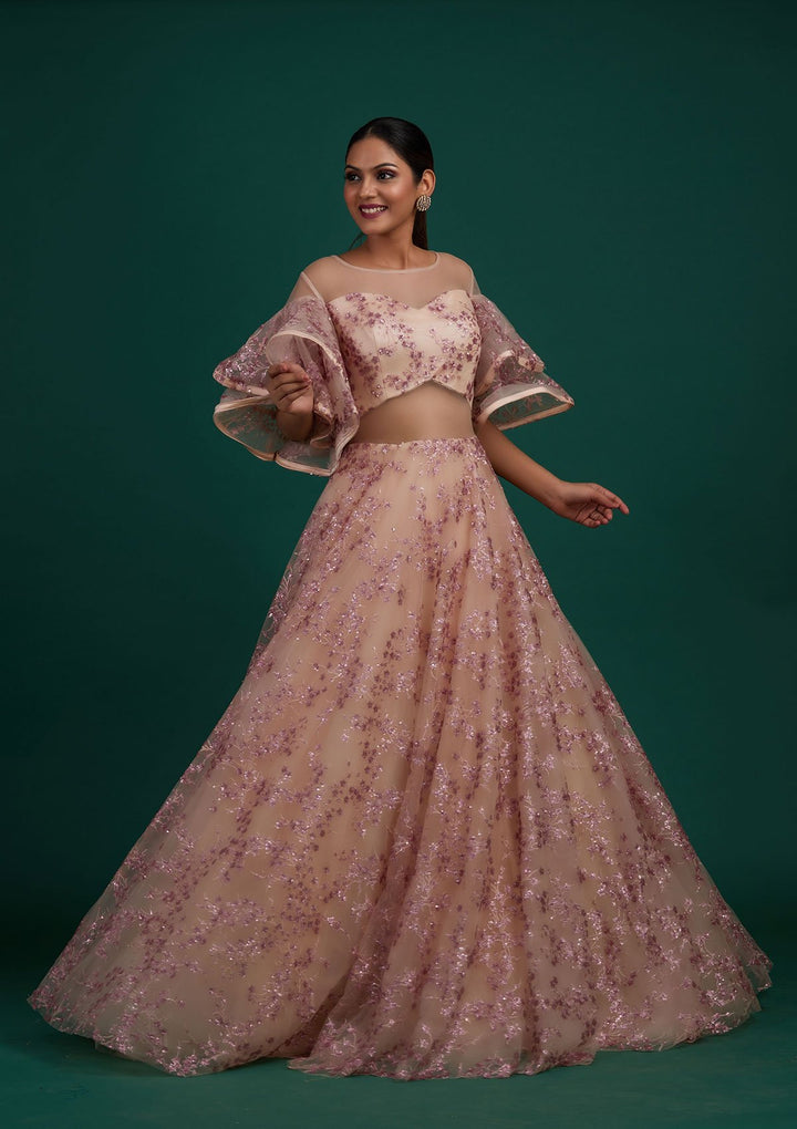 Peach Sequins Net Designer Gown - Koskii