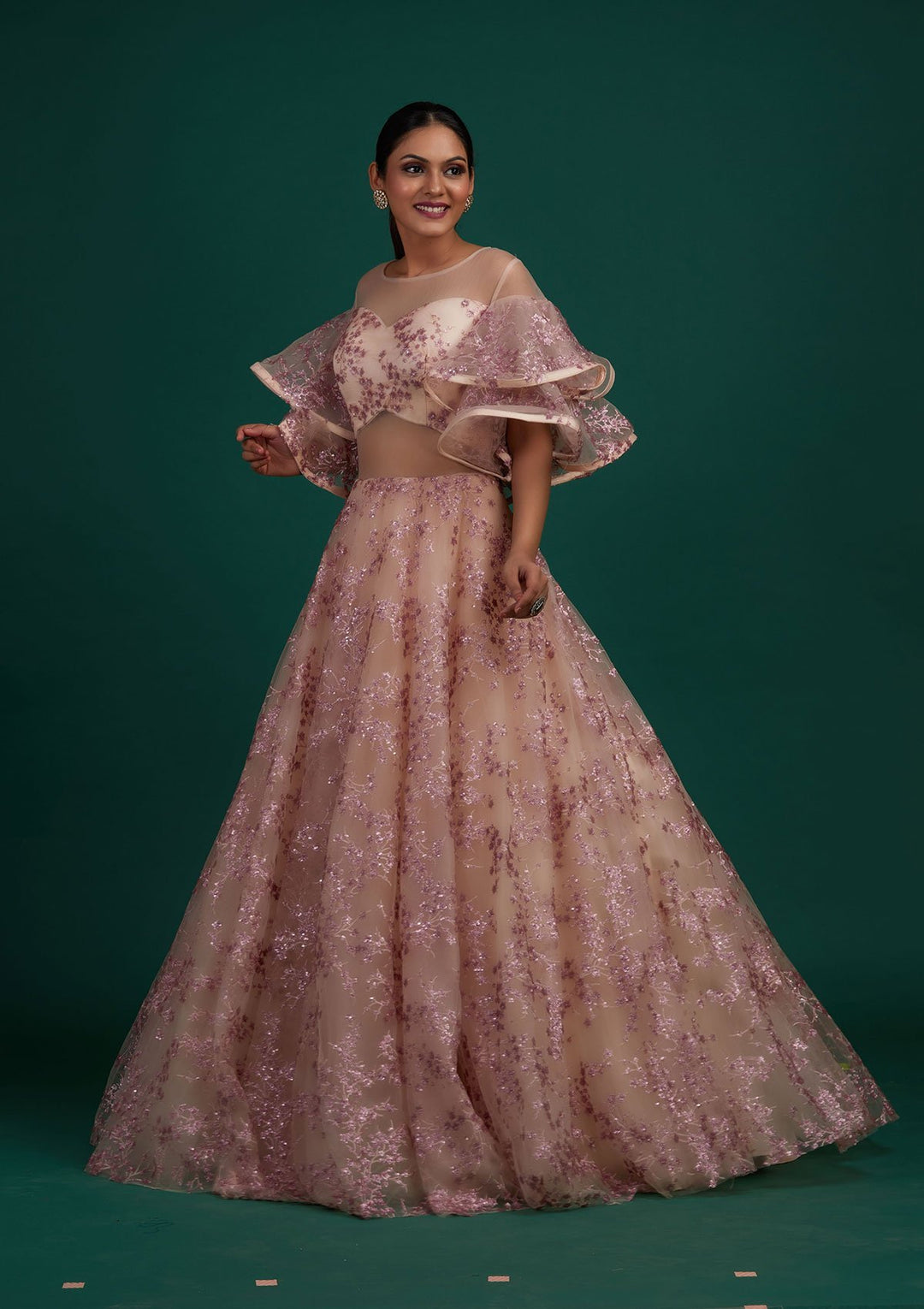Peach Sequins Net Designer Gown - Koskii