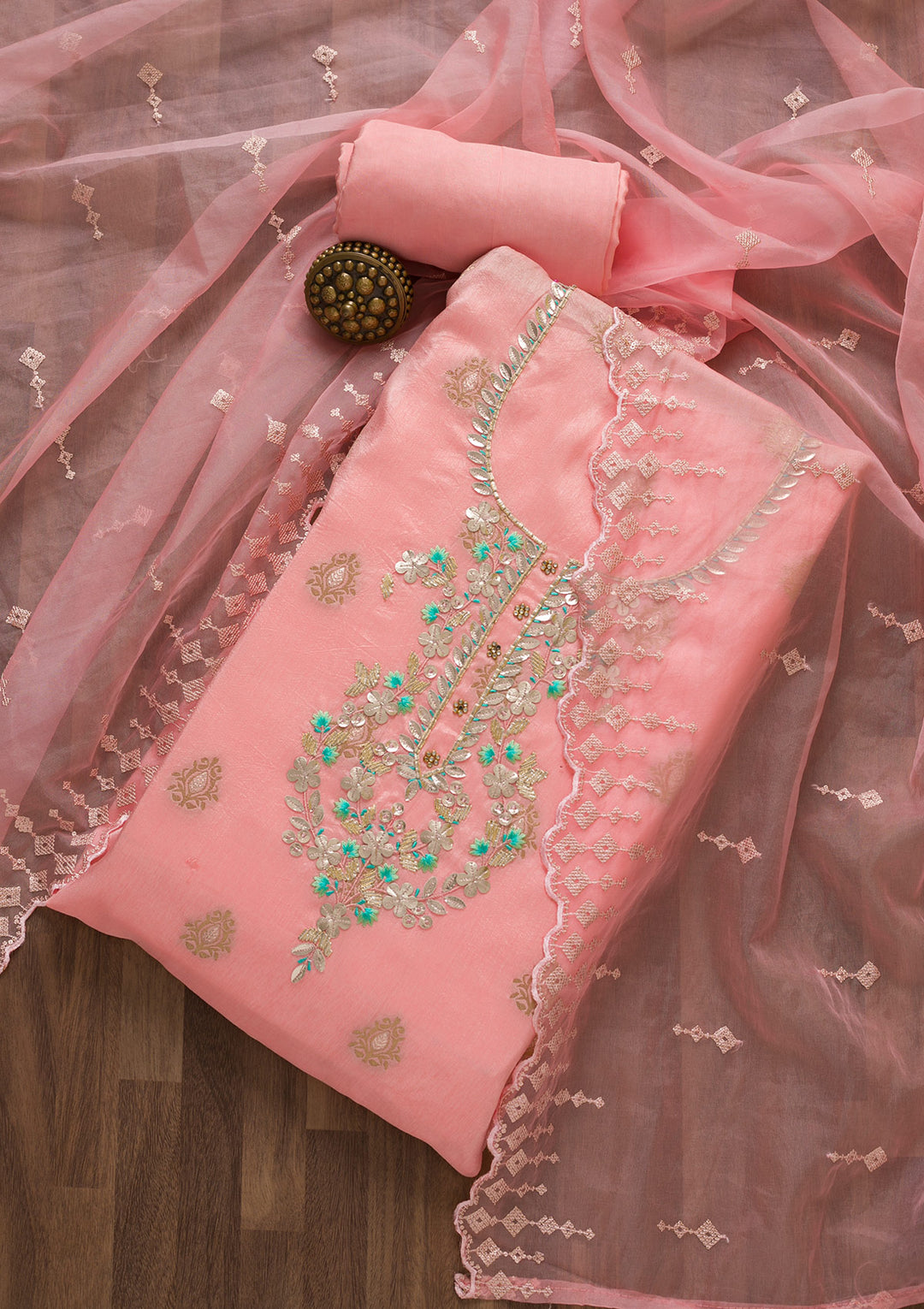 Peach Sequins Raw Silk Unstitched Salwar Suit-Koskii