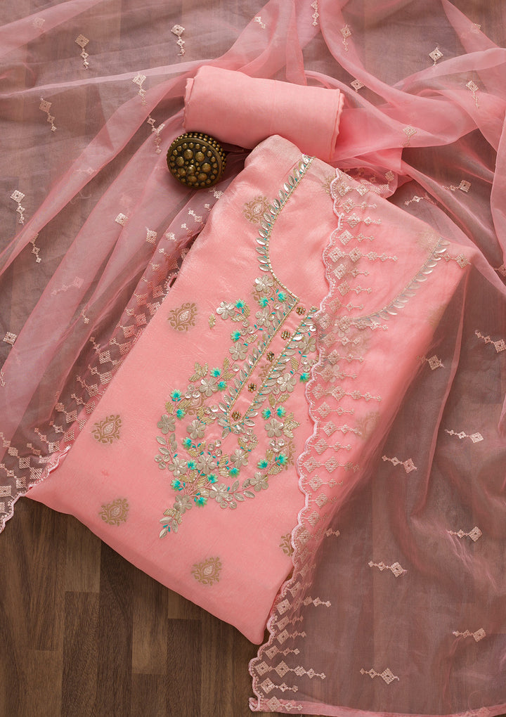 Peach Sequins Raw Silk Unstitched Salwar Suit-Koskii