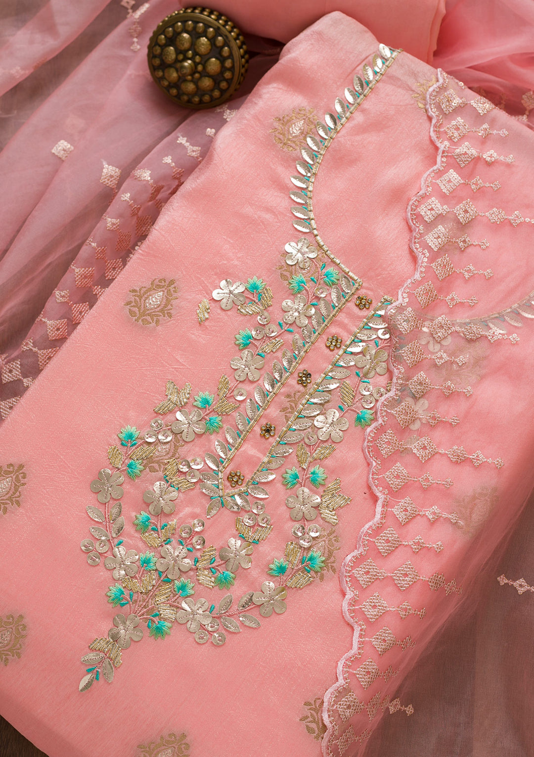 Peach Sequins Raw Silk Unstitched Salwar Suit-Koskii