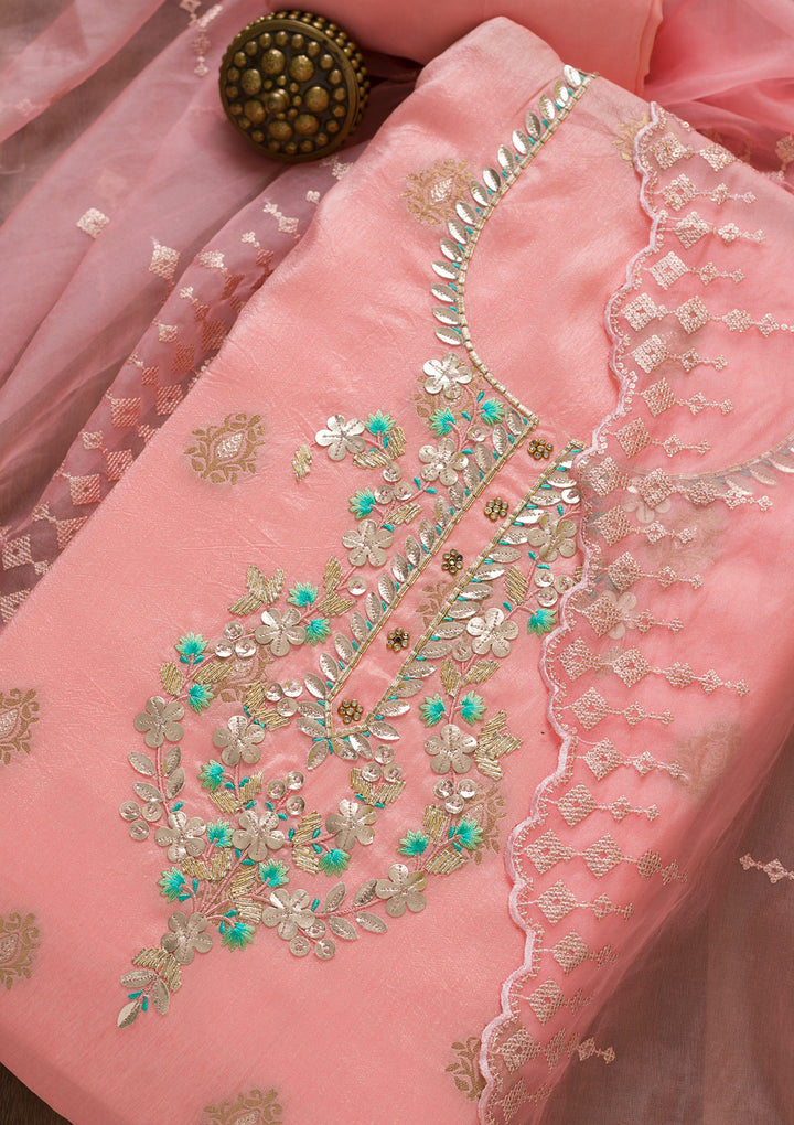 Peach Sequins Raw Silk Unstitched Salwar Suit-Koskii