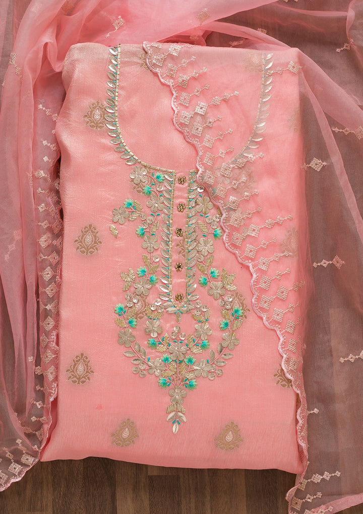 Peach Sequins Raw Silk Unstitched Salwar Suit-Koskii