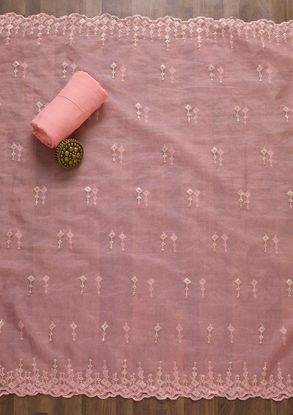 Peach Sequins Raw Silk Unstitched Salwar Suit-Koskii