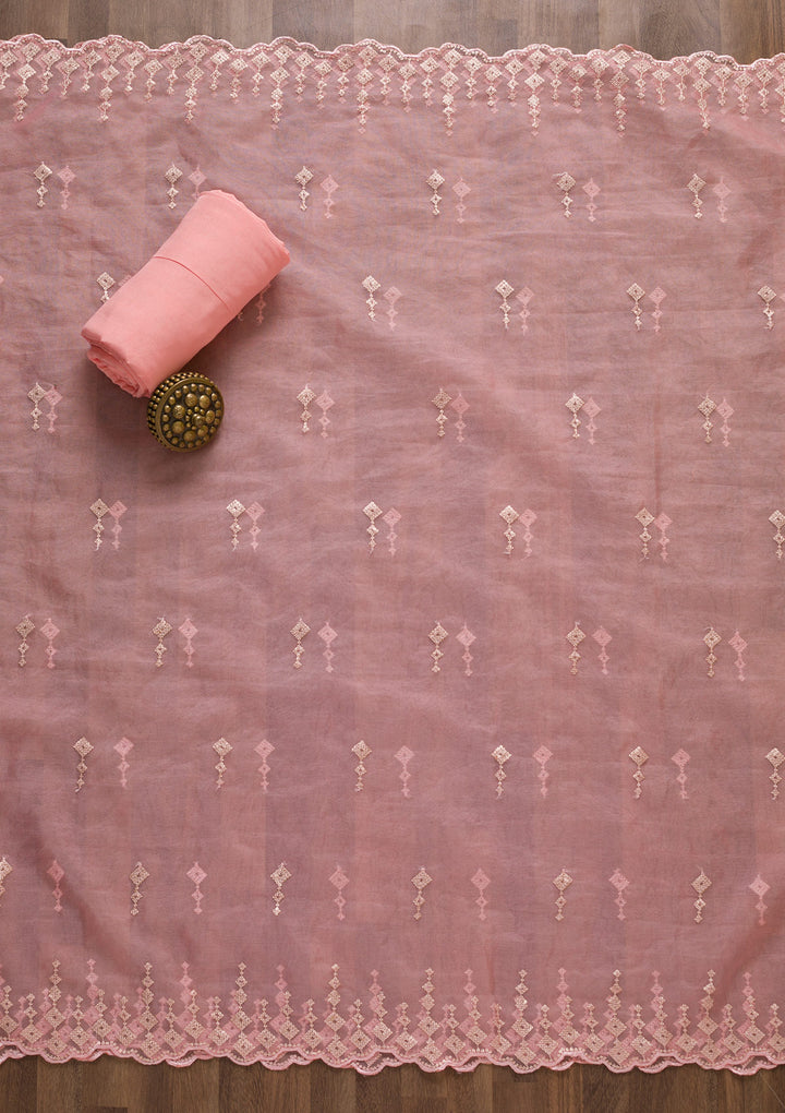 Peach Sequins Raw Silk Unstitched Salwar Suit-Koskii