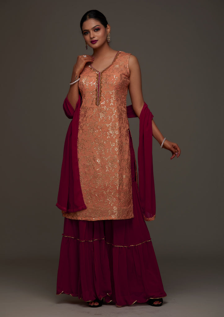 Buy Peach Sequins Semi Crepe Designer Salwar Suit - Koskii