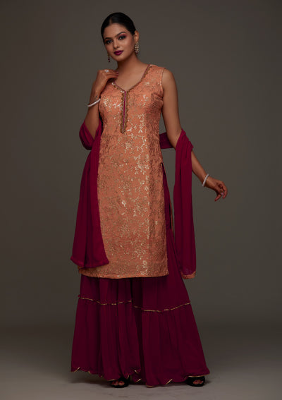 Peach Sequins Semi Crepe Designer Salwar Suit- Koskii