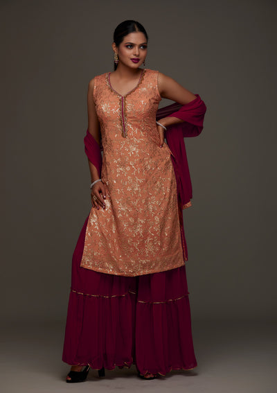 Peach Sequins Semi Crepe Designer Salwar Suit - Koskii