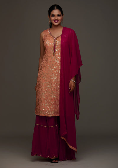 Peach Sequins Semi Crepe Designer Salwar Suit - Koskii