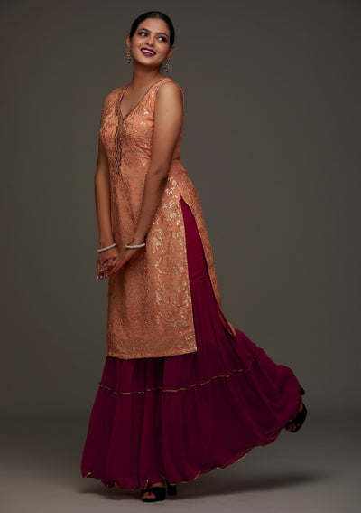 Peach Sequins Semi Crepe Designer Salwar Suit - Koskii
