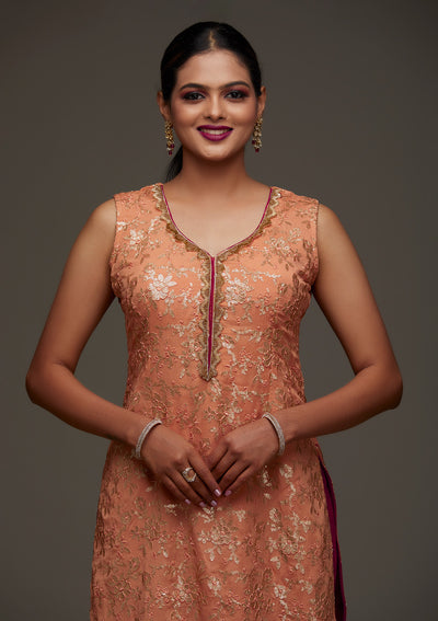 Peach Sequins Semi Crepe Designer Salwar Suit - Koskii