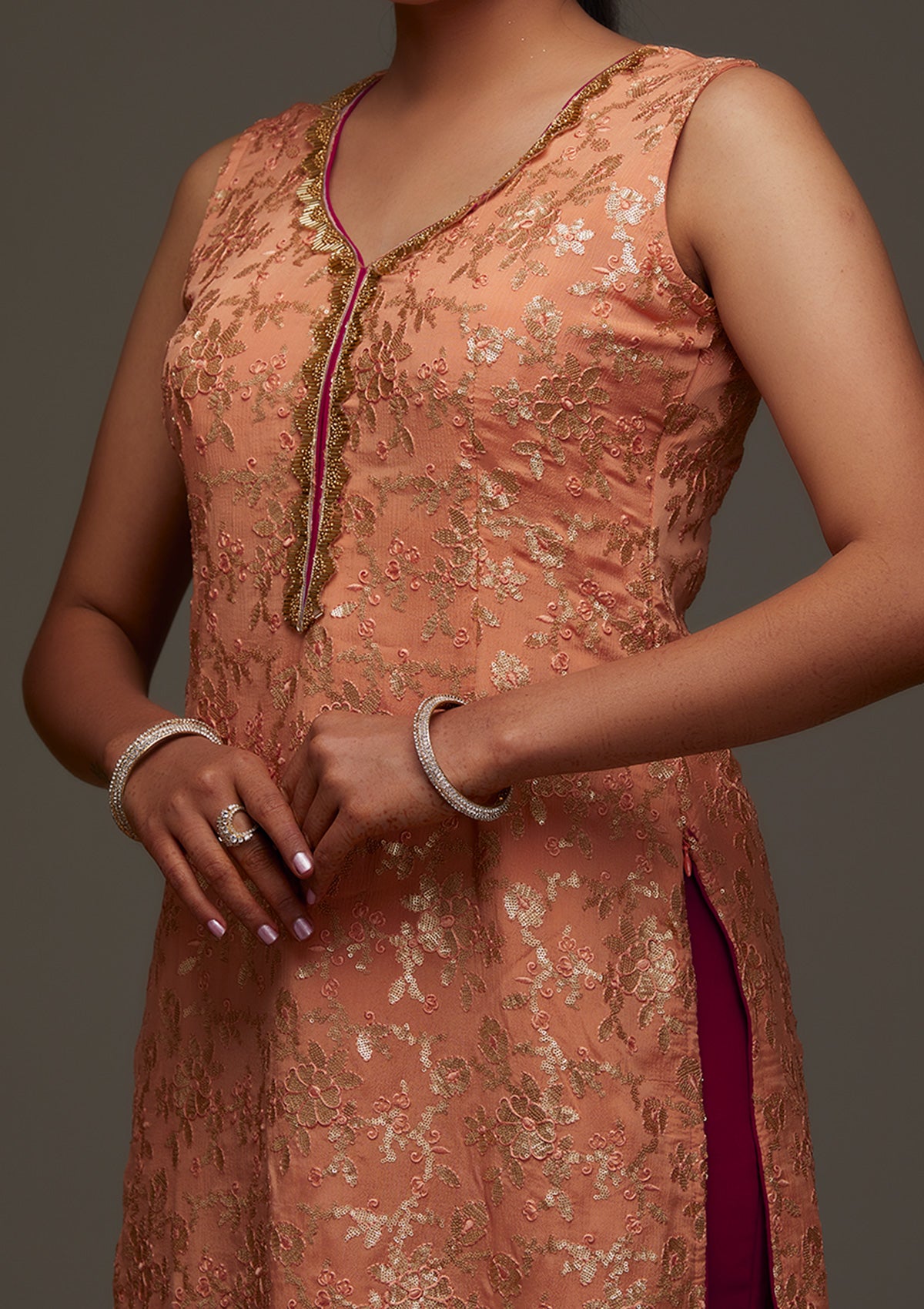 Peach Sequins Semi Crepe Designer Salwar Suit - Koskii