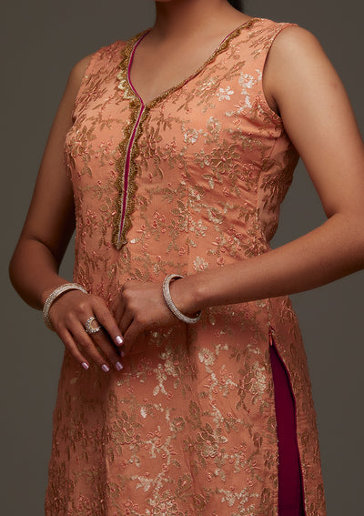 Peach Sequins Semi Crepe Designer Salwar Suit - Koskii
