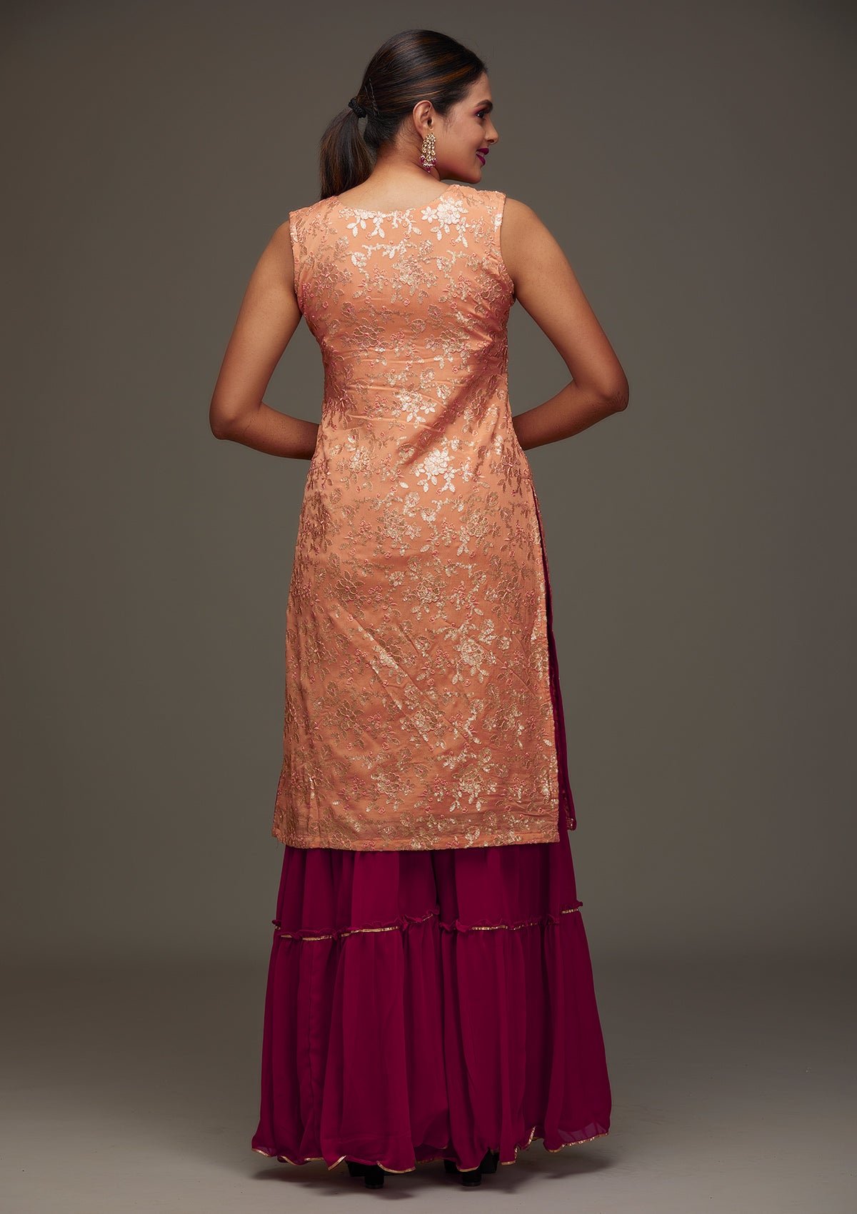 Peach Sequins Semi Crepe Designer Salwar Suit - Koskii