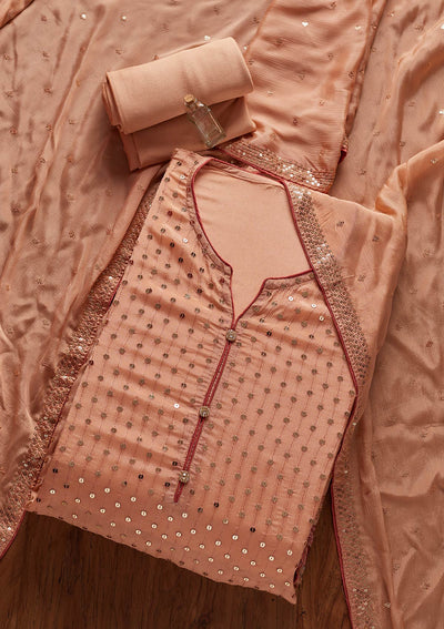 Peach Sequins Semi Crepe Designer Semi-Stitched Salwar Suit - koskii