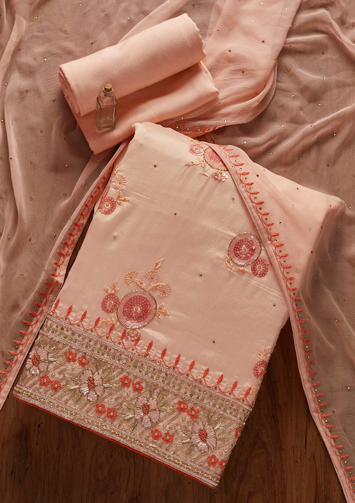 Peach Sequins Semi Crepe Designer Unstitched Salwar Suit - koskii