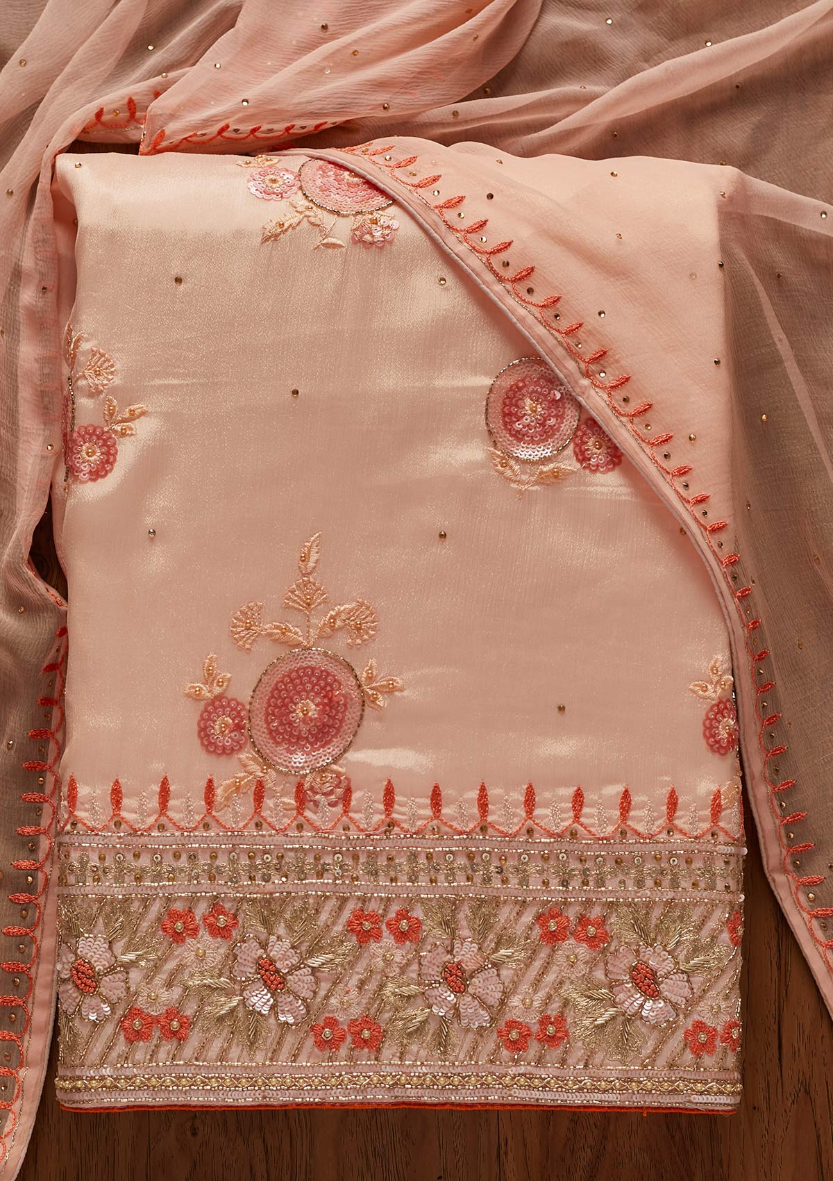 Peach Sequins Semi Crepe Designer Unstitched Salwar Suit - koskii