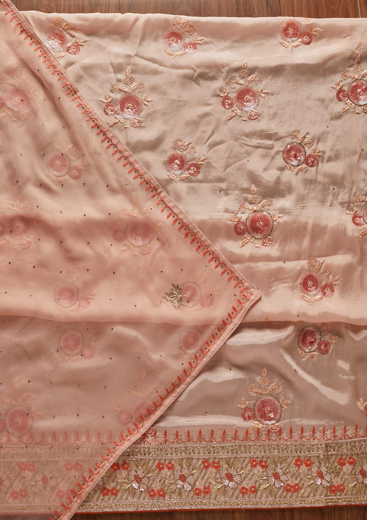 Peach Sequins Semi Crepe Designer Unstitched Salwar Suit - koskii