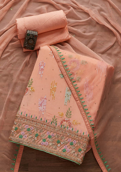 Peach Sequins Semi Crepe Designer Unstitched Salwar Suit - Koskii