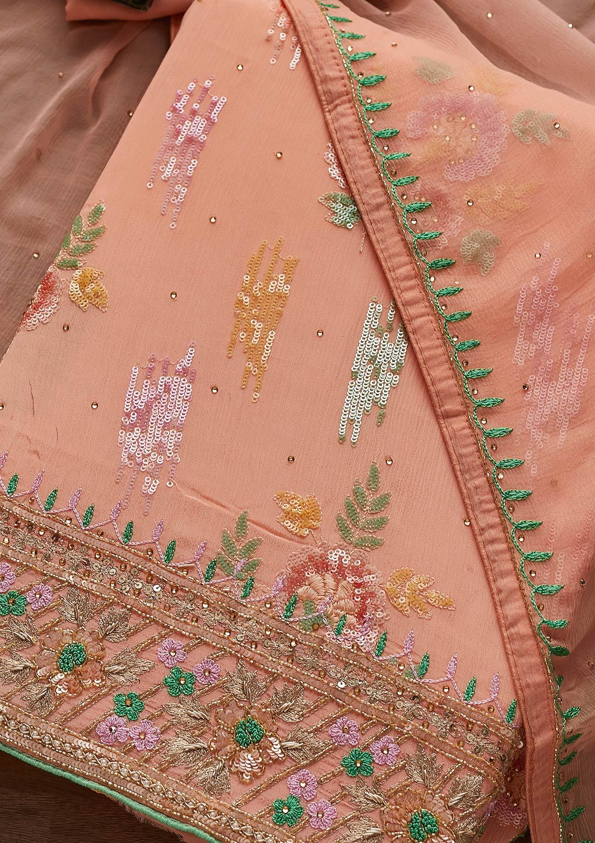 Peach Sequins Semi Crepe Designer Unstitched Salwar Suit - Koskii