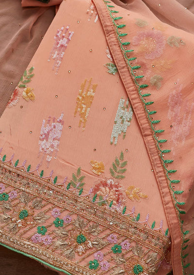 Peach Sequins Semi Crepe Designer Unstitched Salwar Suit - Koskii