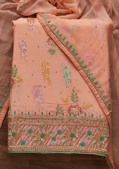 Peach Sequins Semi Crepe Designer Unstitched Salwar Suit - Koskii