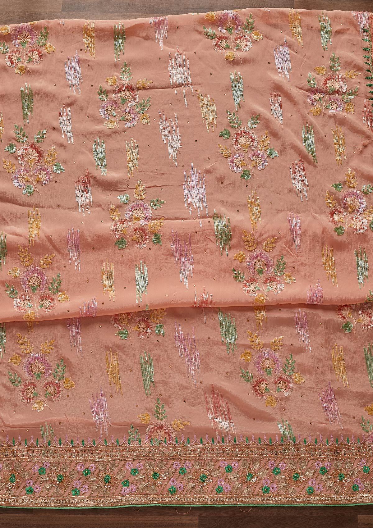 Peach Sequins Semi Crepe Designer Unstitched Salwar Suit - Koskii