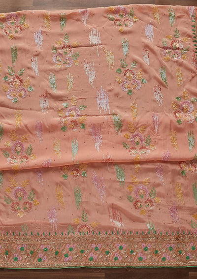 Peach Sequins Semi Crepe Designer Unstitched Salwar Suit - Koskii