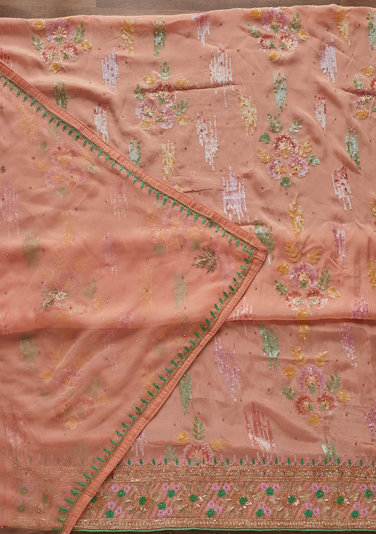 Peach Sequins Semi Crepe Designer Unstitched Salwar Suit - Koskii