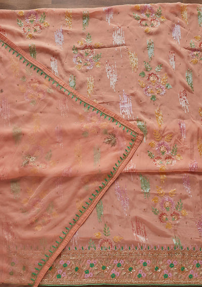 Peach Sequins Semi Crepe Designer Unstitched Salwar Suit - Koskii