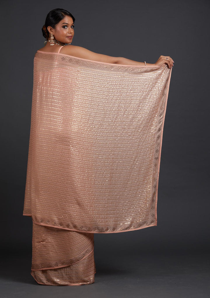 Peach Sequins Shimmer Designer Saree - Koskii