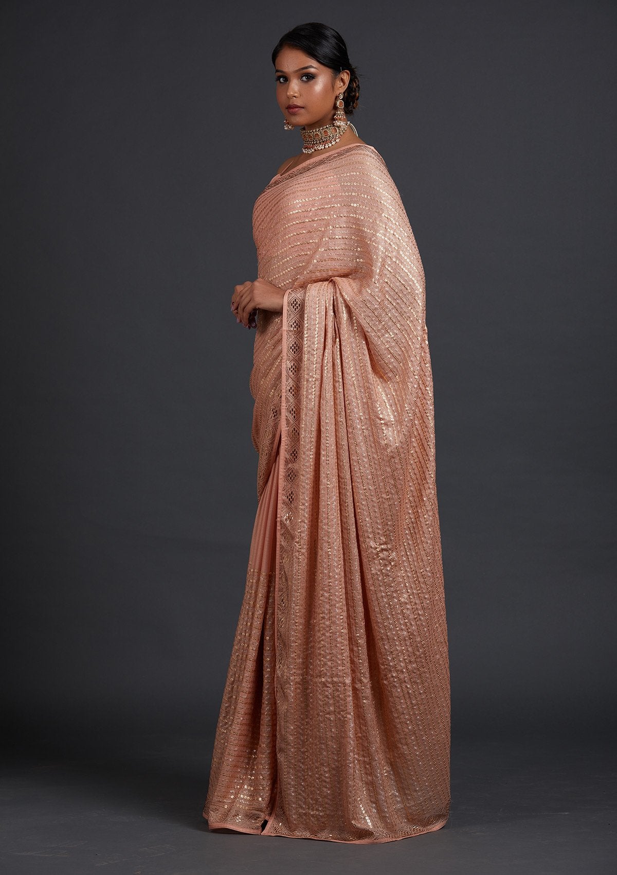 Buy Women Peach Sequin Stripe Embroidered Saree Set With Stitched Blouse -  Clothing - Indya