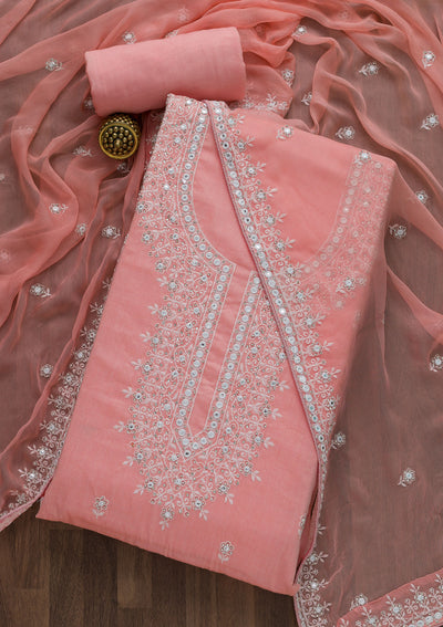 Peach Silver Stonework Cotton Semi-Stitched Salwar Suit-Koskii