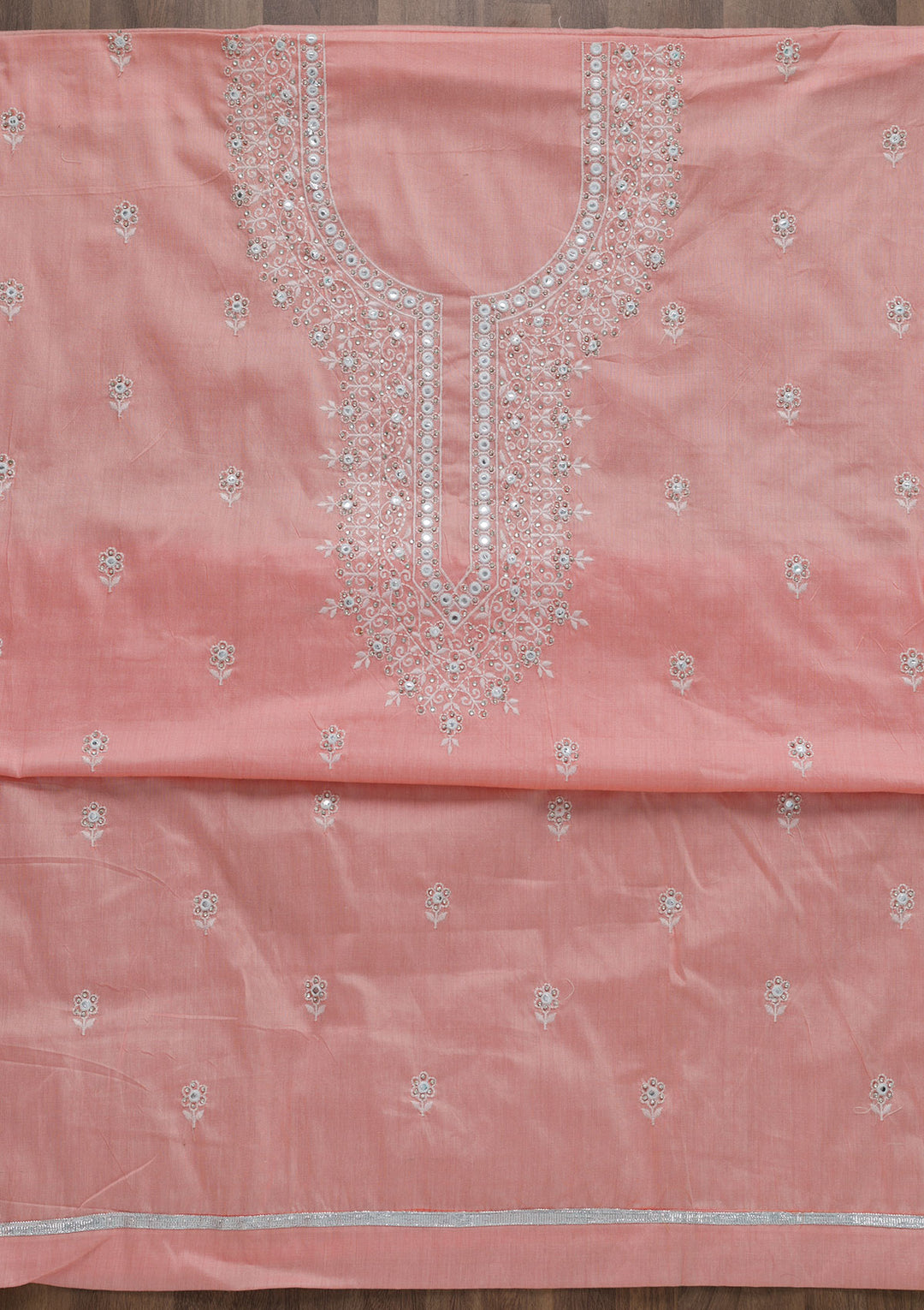 Peach Silver Stonework Cotton Semi-Stitched Salwar Suit-Koskii