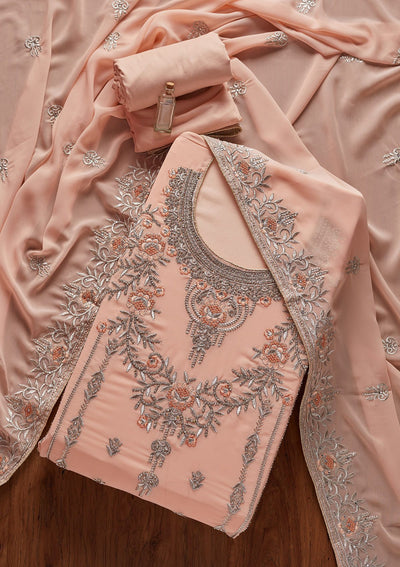 Peach Silver Stonework Georgette Designer Unstitched Salwar Suit - koskii