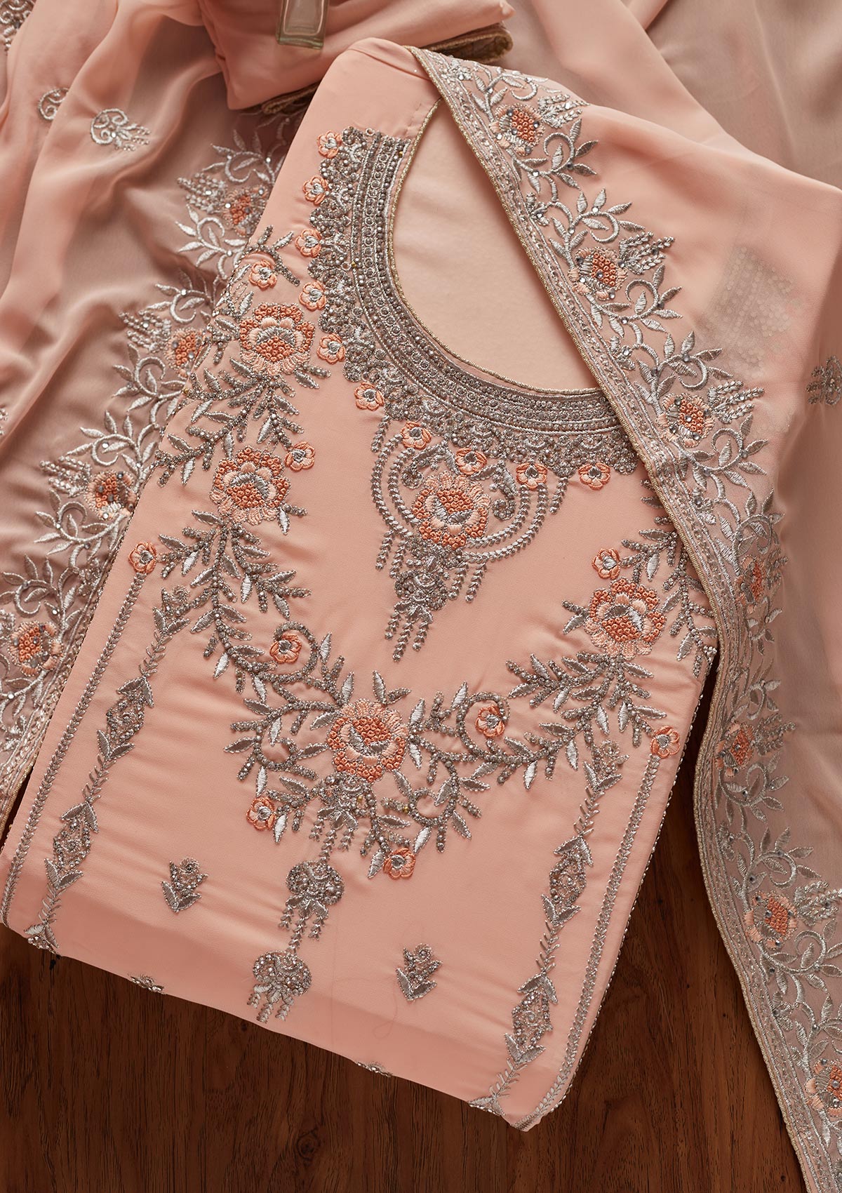 Peach Silver Stonework Georgette Designer Unstitched Salwar Suit - koskii