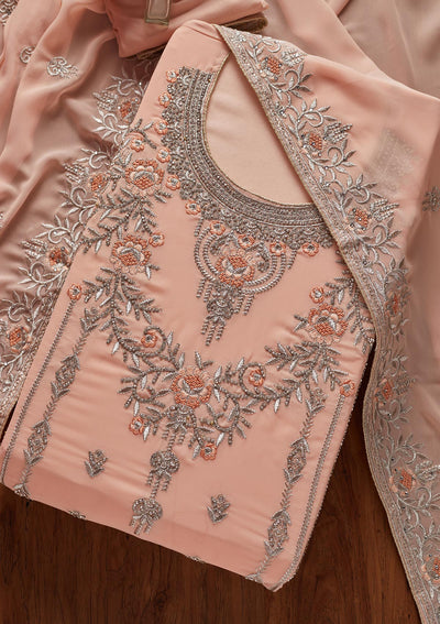 Peach Silver Stonework Georgette Designer Unstitched Salwar Suit - koskii