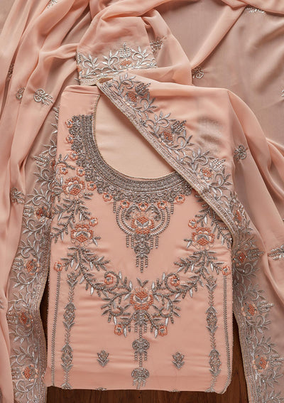 Peach Silver Stonework Georgette Designer Unstitched Salwar Suit - koskii