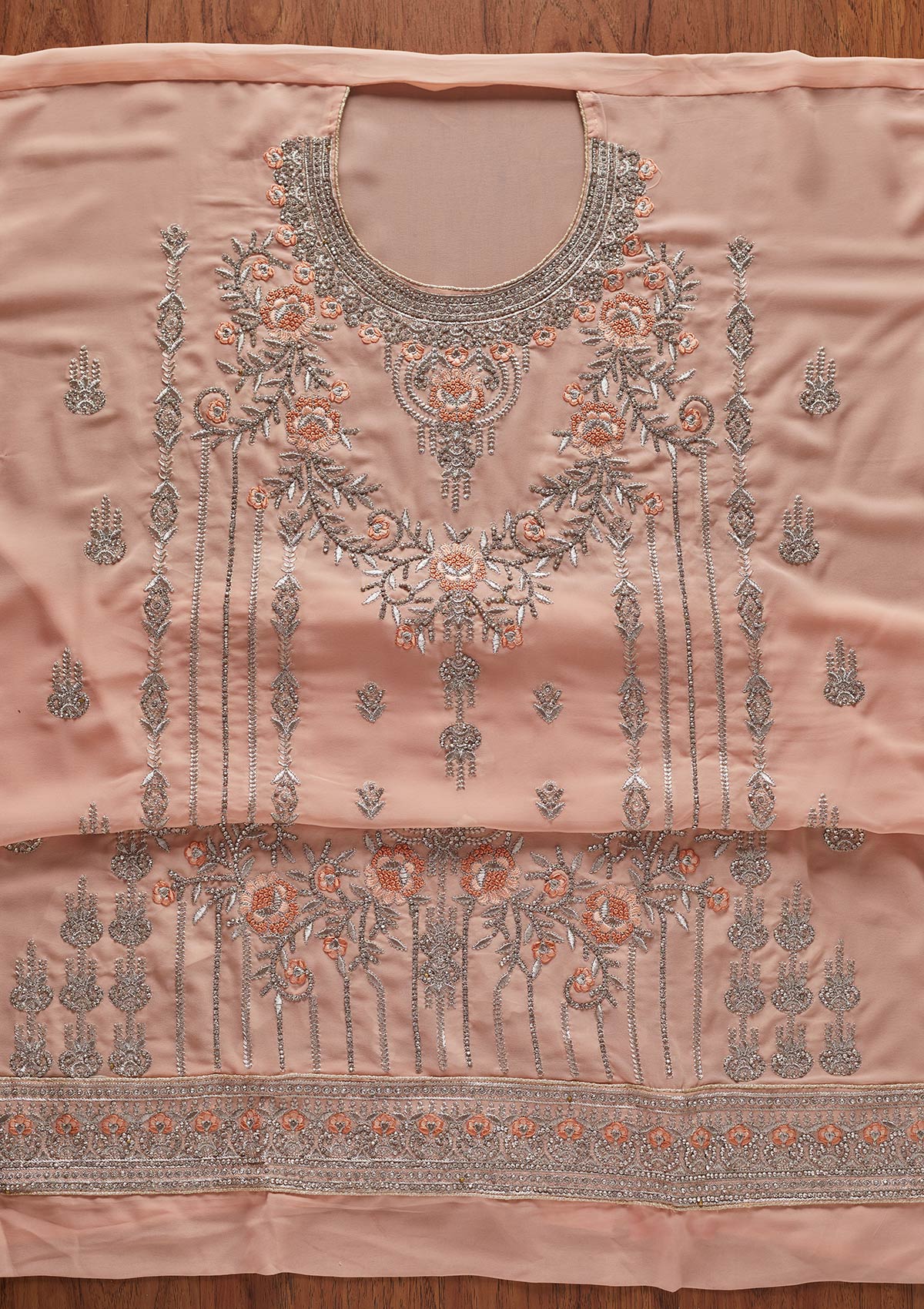 Peach Silver Stonework Georgette Designer Unstitched Salwar Suit - koskii