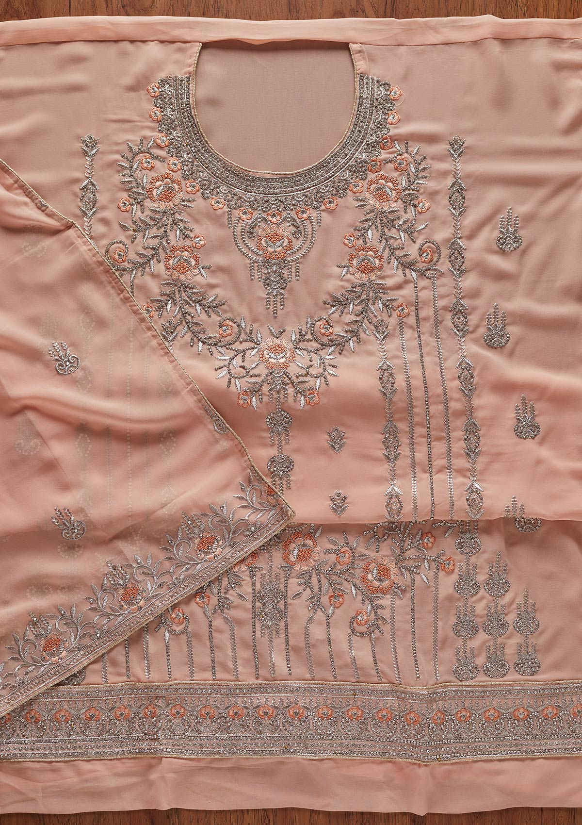 Peach Silver Stonework Georgette Designer Unstitched Salwar Suit - koskii