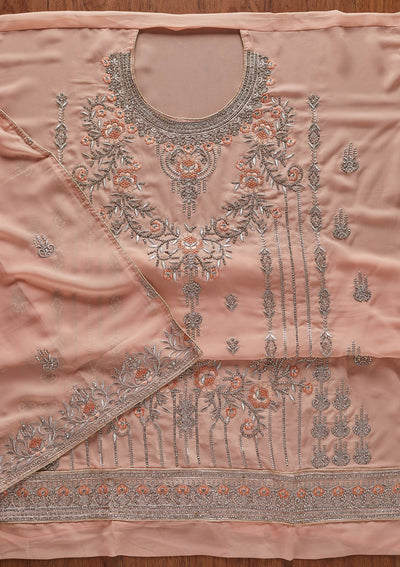 Peach Silver Stonework Georgette Designer Unstitched Salwar Suit - koskii