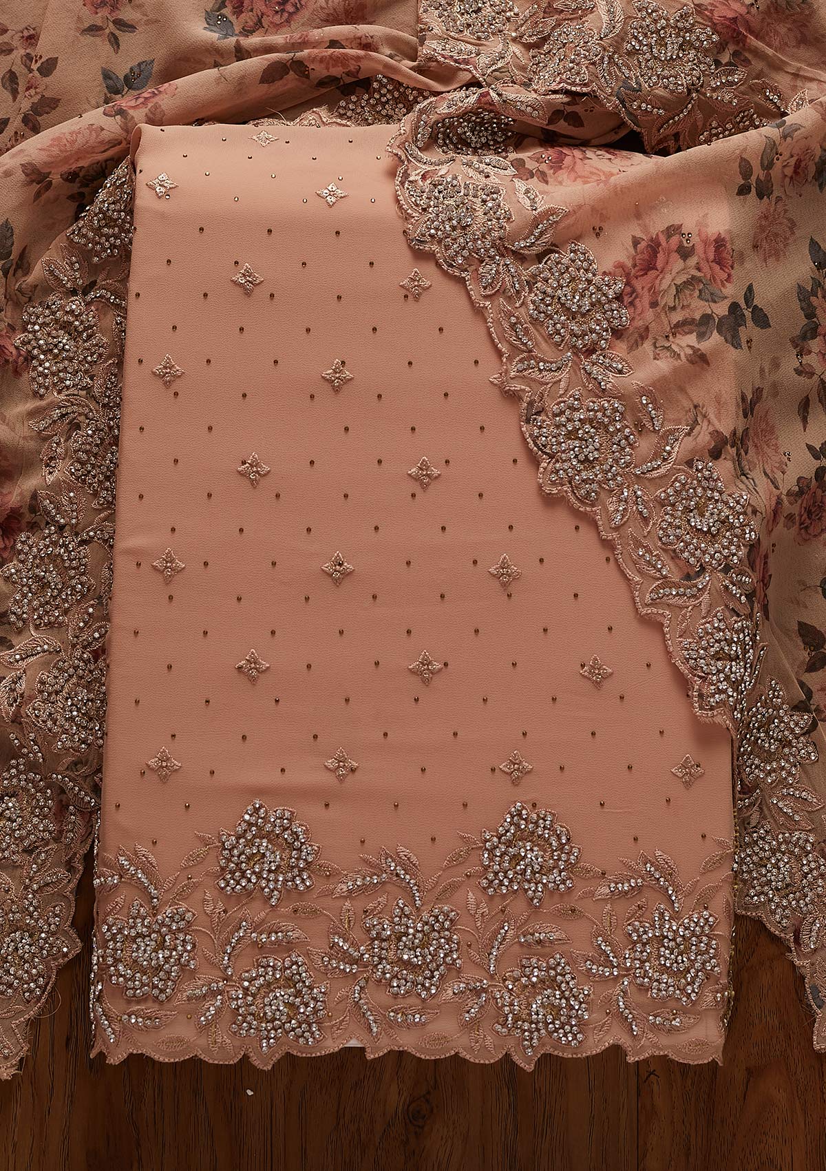 Peach Silver Stonework Georgette Designer Unstitched Salwar Suit - koskii