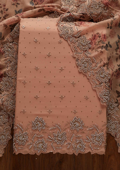 Peach Silver Stonework Georgette Designer Unstitched Salwar Suit - koskii