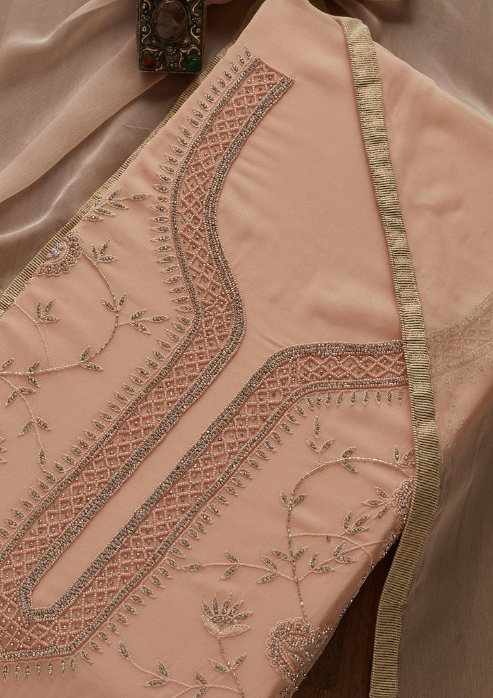 Peach Silver Stonework Georgette Designer Unstitched Salwar Suit - Koskii