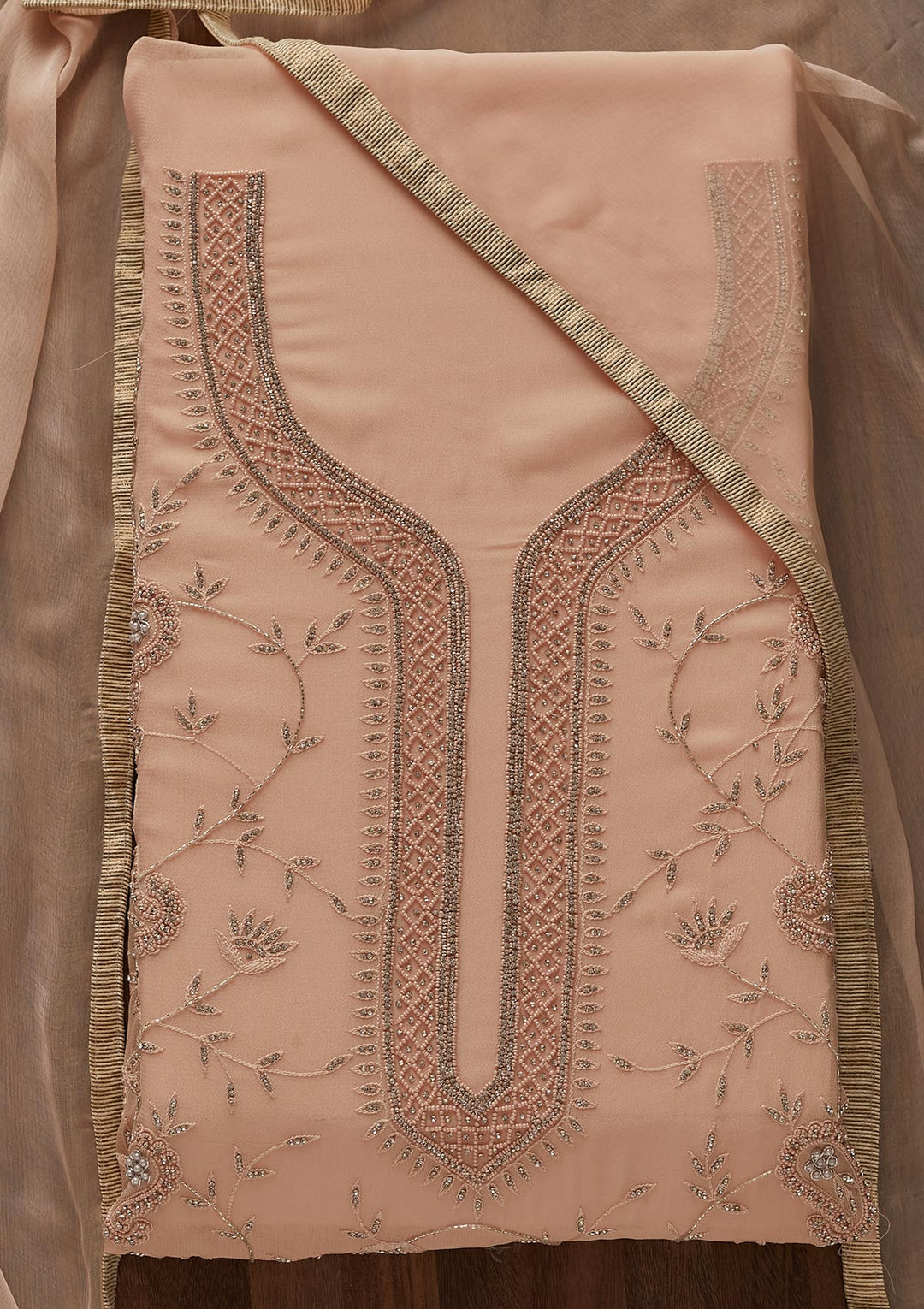 Peach Silver Stonework Georgette Designer Unstitched Salwar Suit - Koskii