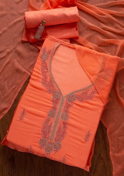 Peach Silver Stonework Semi Crepe Designer Unstitched Salwar Suit - koskii